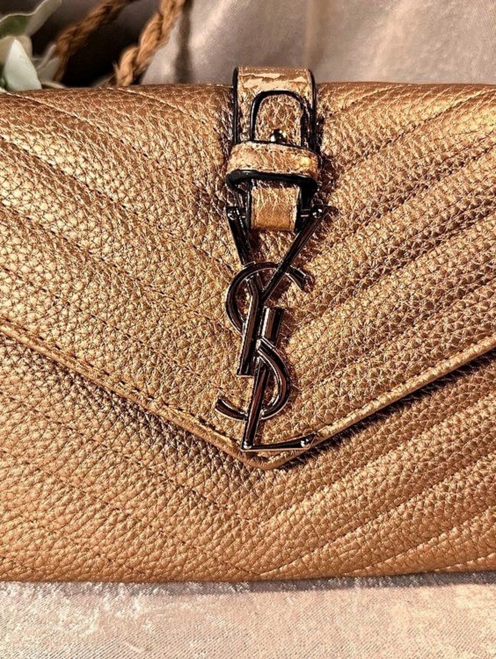 Saint Laurent Uptown Chain Wallet in Metallic Leather Gold
